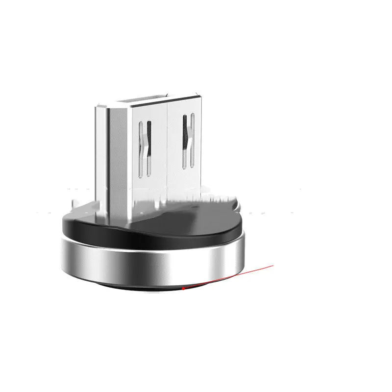 Black magnetic charging cable with rotating connector showing compatibility with Apple, Android, and Type-C devices