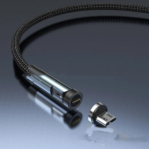 Black magnetic charging cable with rotating connector showing compatibility with Apple, Android, and Type-C devices