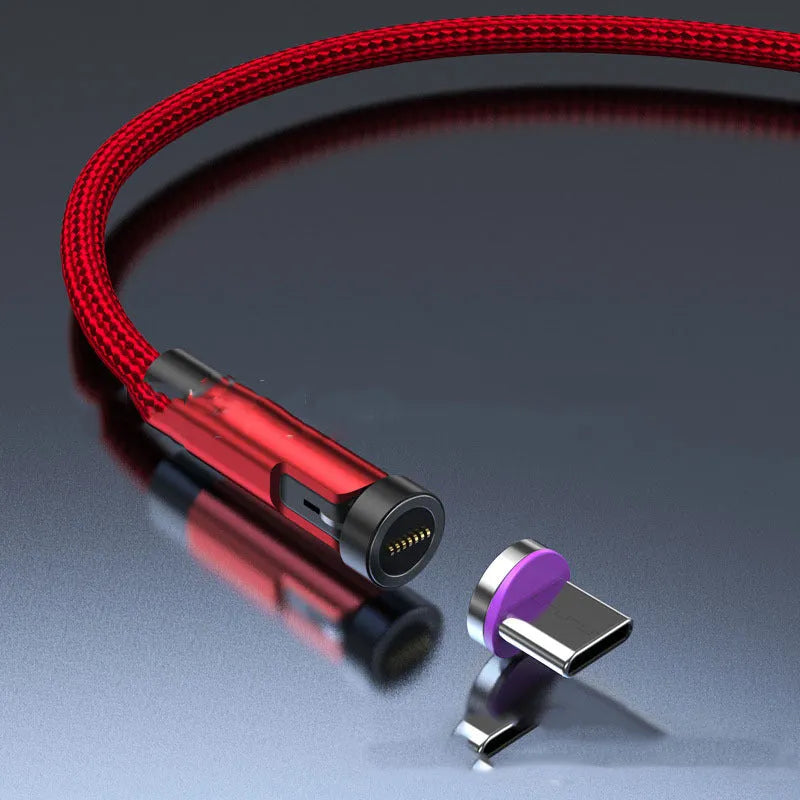 Black magnetic charging cable with rotating connector showing compatibility with Apple, Android, and Type-C devices