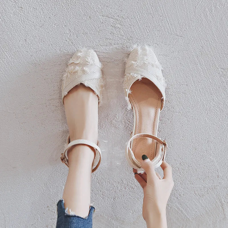 Women's apricot suede d'Orsay flat shoes with an ankle strap and low block heel.