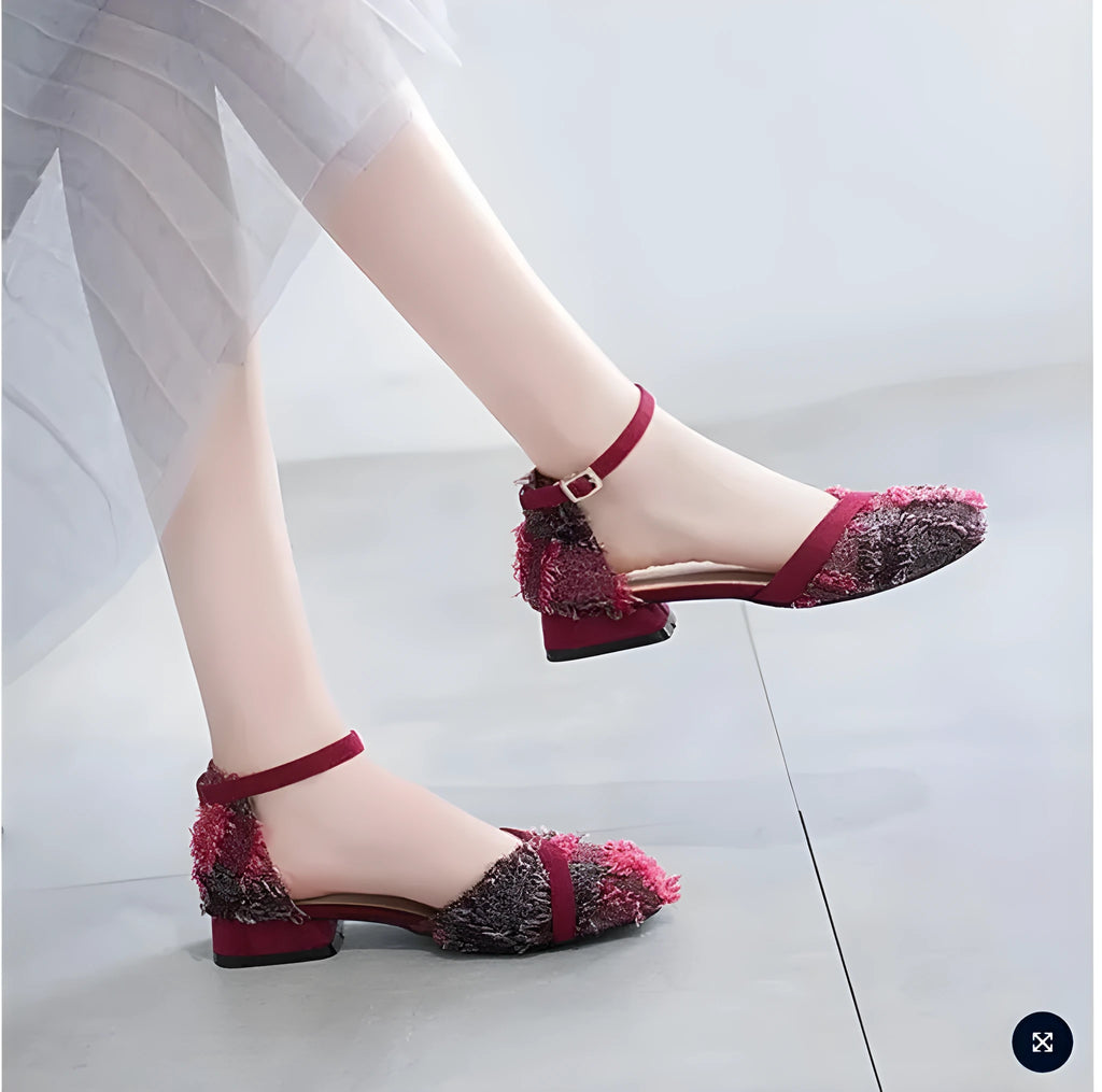 Women's apricot suede d'Orsay flat shoes with an ankle strap and low block heel.