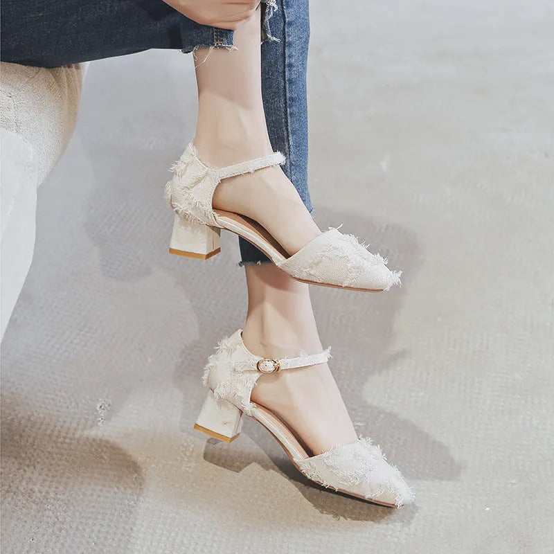 Women's apricot suede d'Orsay flat shoes with an ankle strap and low block heel.