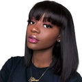 Black human hair machine-made wig showing 10-inch length and full cap construction
