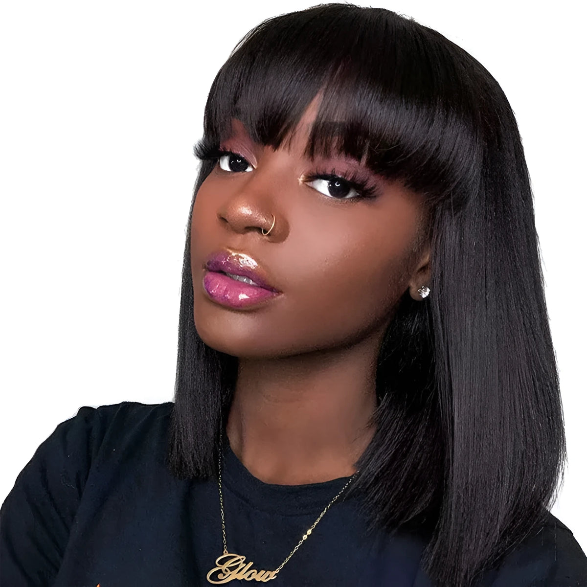 Black human hair machine-made wig showing 10-inch length and full cap construction
