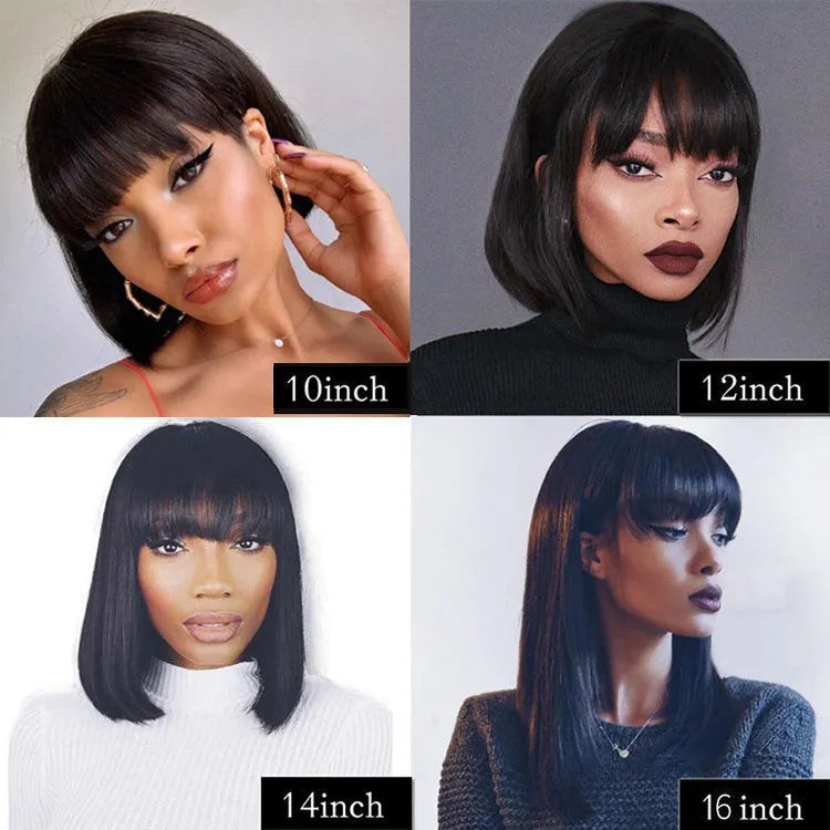 Black human hair machine-made wig showing 10-inch length and full cap construction