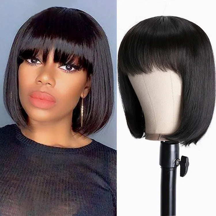 Black human hair machine-made wig showing 10-inch length and full cap construction