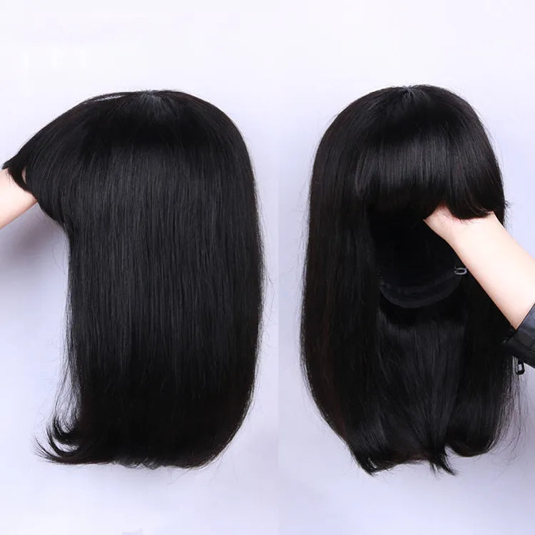 Black human hair machine-made wig showing 10-inch length and full cap construction