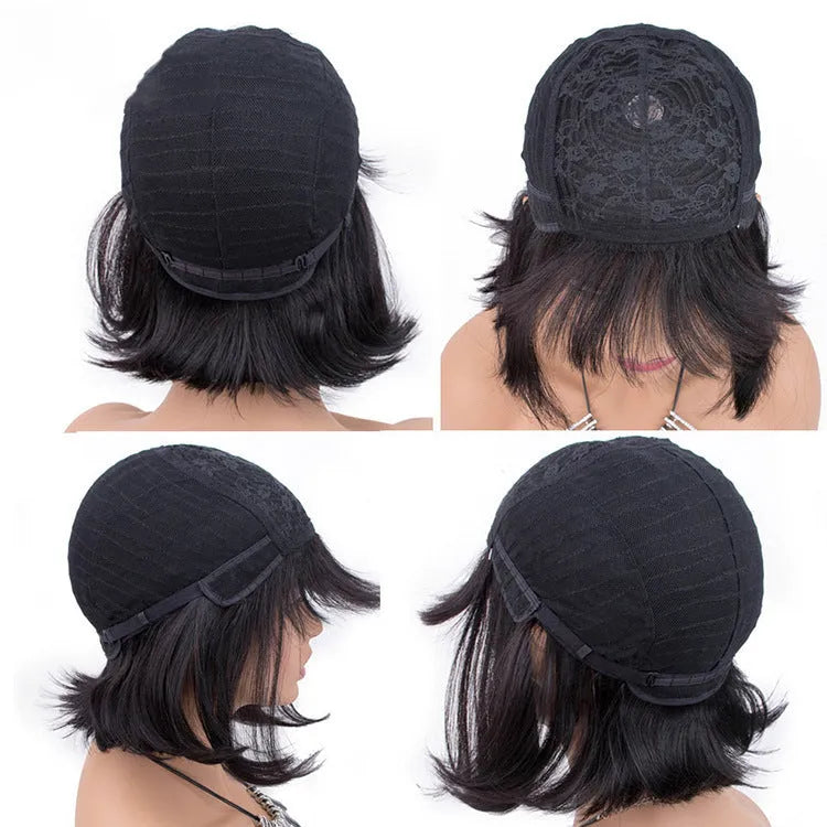 Black human hair machine-made wig showing 10-inch length and full cap construction