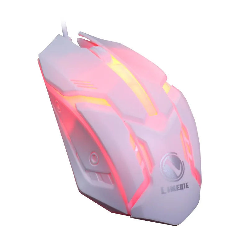 Wired desktop mouse with luminous glow effect showing black and white colour variants
