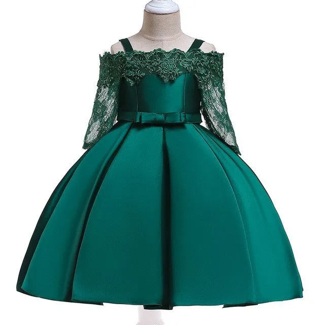 Kids girls lace-trimmed polyester dress set in dark red, pink, red, white or green colours