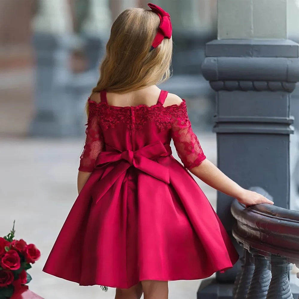Kids girls lace-trimmed polyester dress set in dark red, pink, red, white or green colours