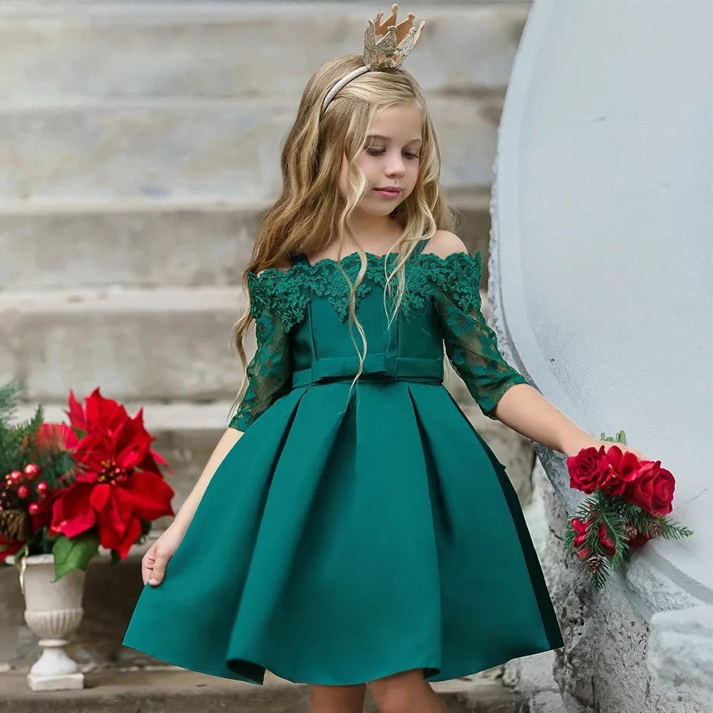 Kids girls lace-trimmed polyester dress set in dark red, pink, red, white or green colours