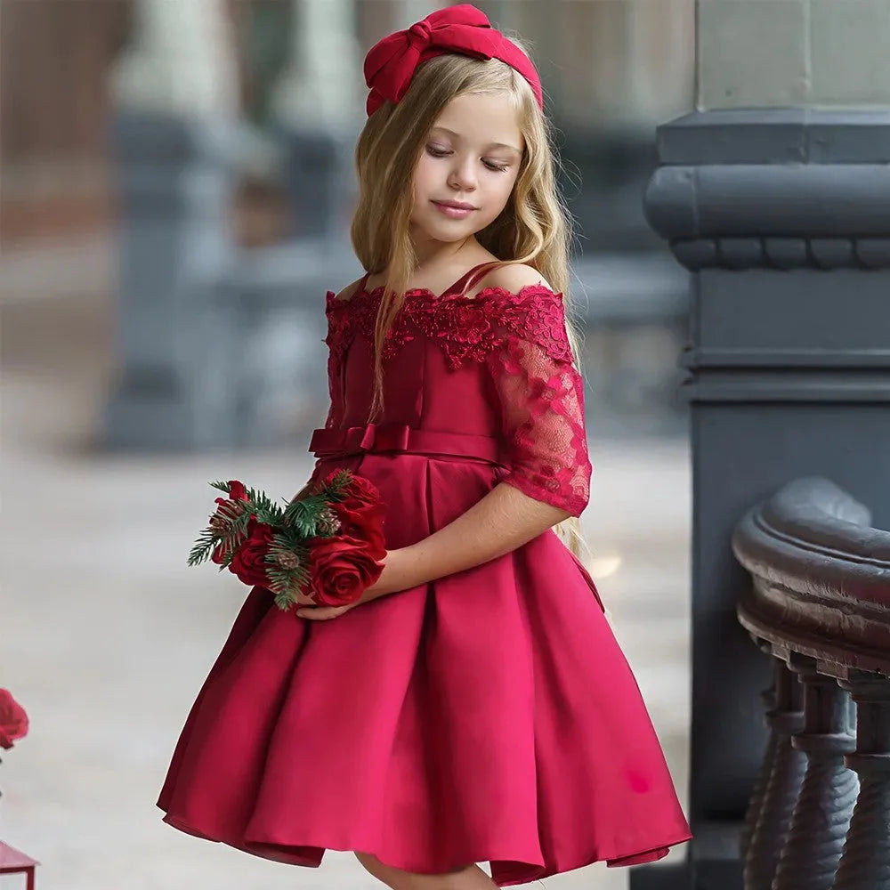 Kids girls lace-trimmed polyester dress set in dark red, pink, red, white or green colours