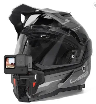 Black GoPro motorcycle helmet chin strap mount kit with universal camera bracket on a motorbike helmet.
