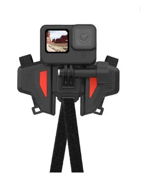 Black GoPro motorcycle helmet chin strap mount kit with universal camera bracket on a motorbike helmet.