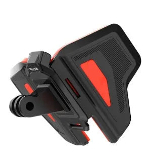 Black GoPro motorcycle helmet chin strap mount kit with universal camera bracket on a motorbike helmet.
