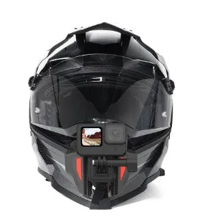 Black GoPro motorcycle helmet chin strap mount kit with universal camera bracket on a motorbike helmet.