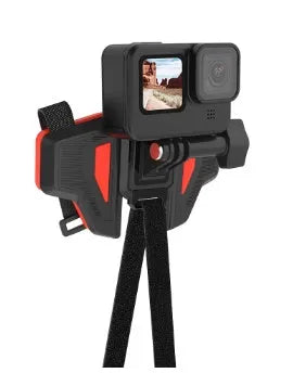 Black GoPro motorcycle helmet chin strap mount kit with universal camera bracket on a motorbike helmet.