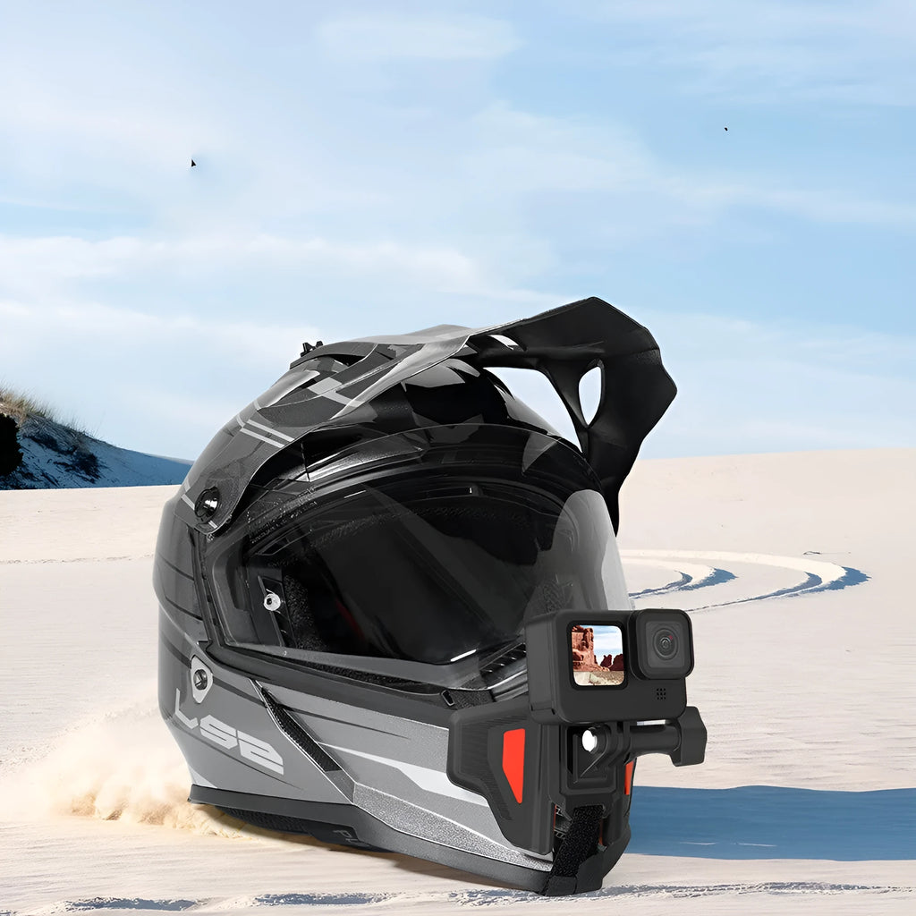 Black GoPro motorcycle helmet chin strap mount kit with universal camera bracket on a motorbike helmet.