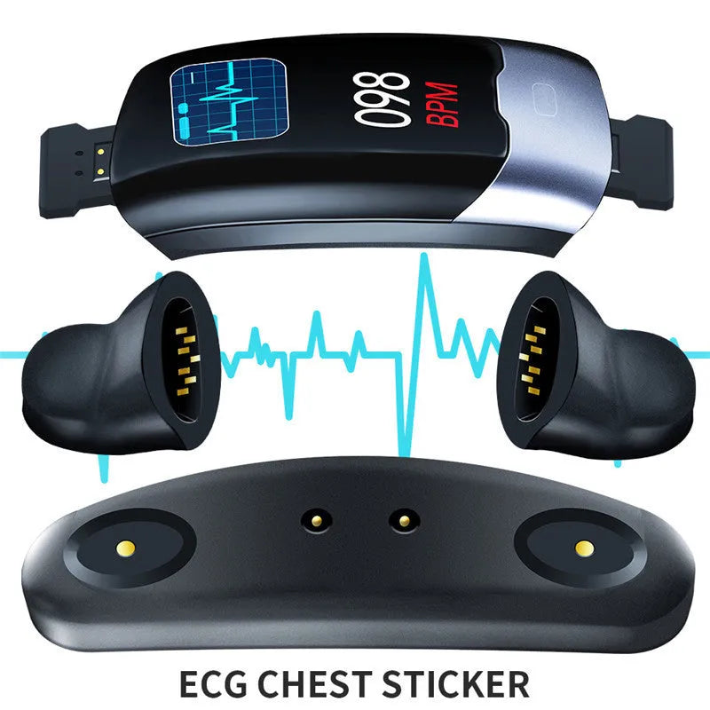 Black smart fitness tracker with digital display showing heart rate and blood pressure readings