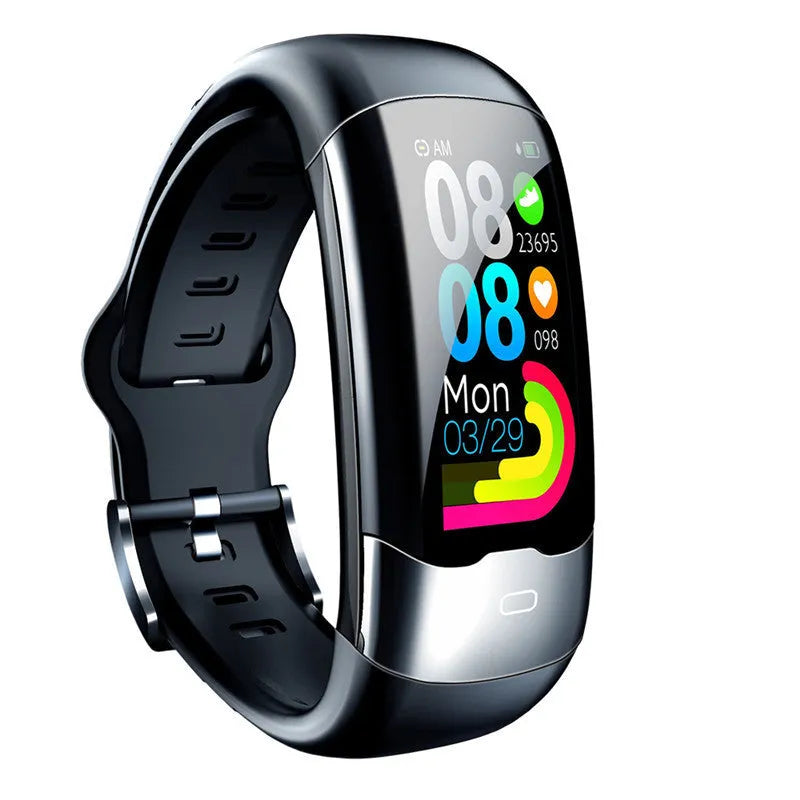Black smart fitness tracker with digital display showing heart rate and blood pressure readings