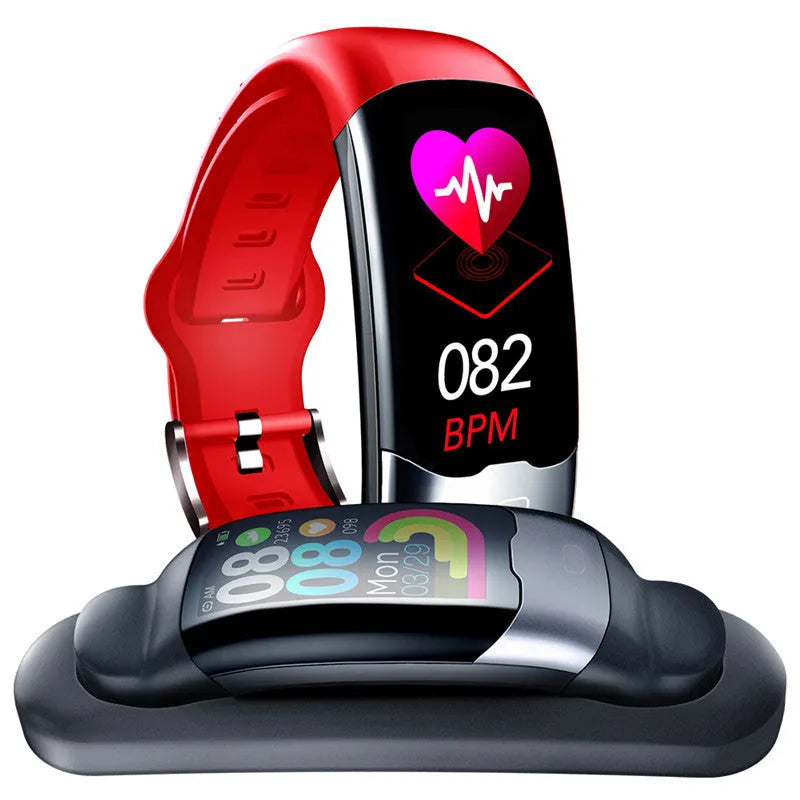 Black smart fitness tracker with digital display showing heart rate and blood pressure readings