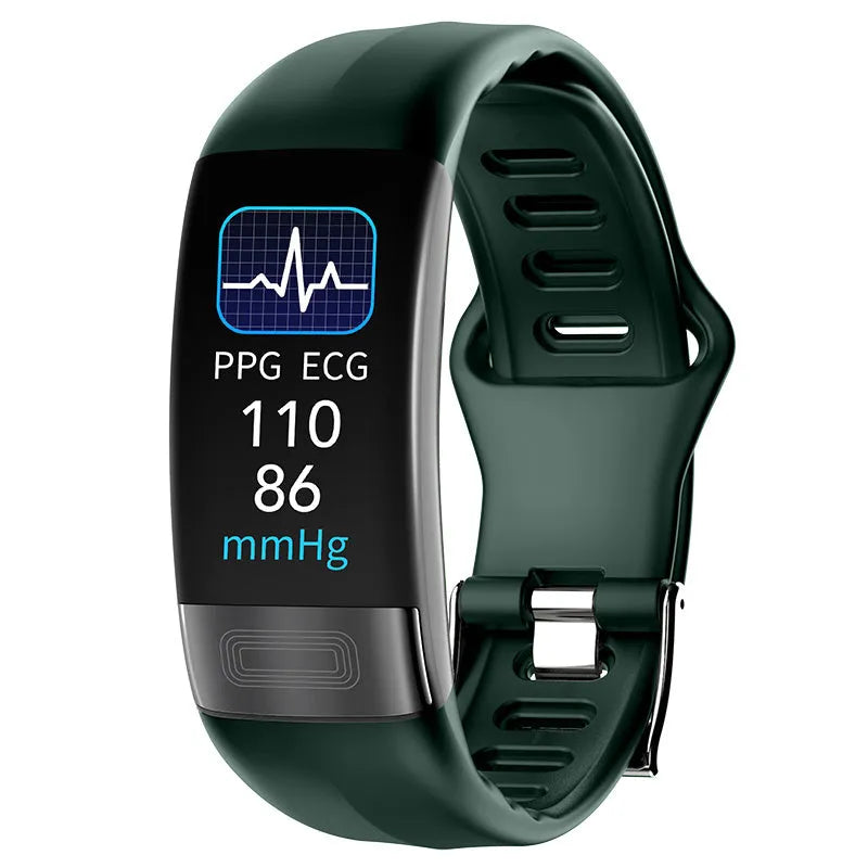 Smart health monitoring bracelet with touch screen showing ECG and heart rate data