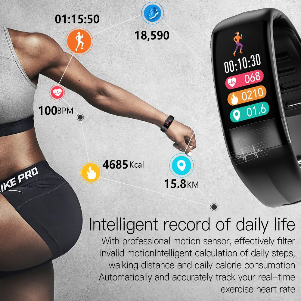 Smart health monitoring bracelet with touch screen showing ECG and heart rate data