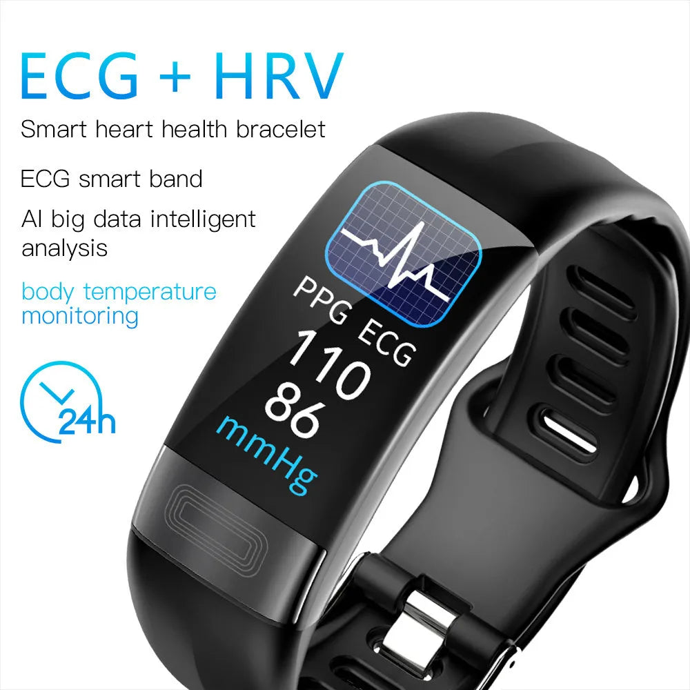 Smart health monitoring bracelet with touch screen showing ECG and heart rate data