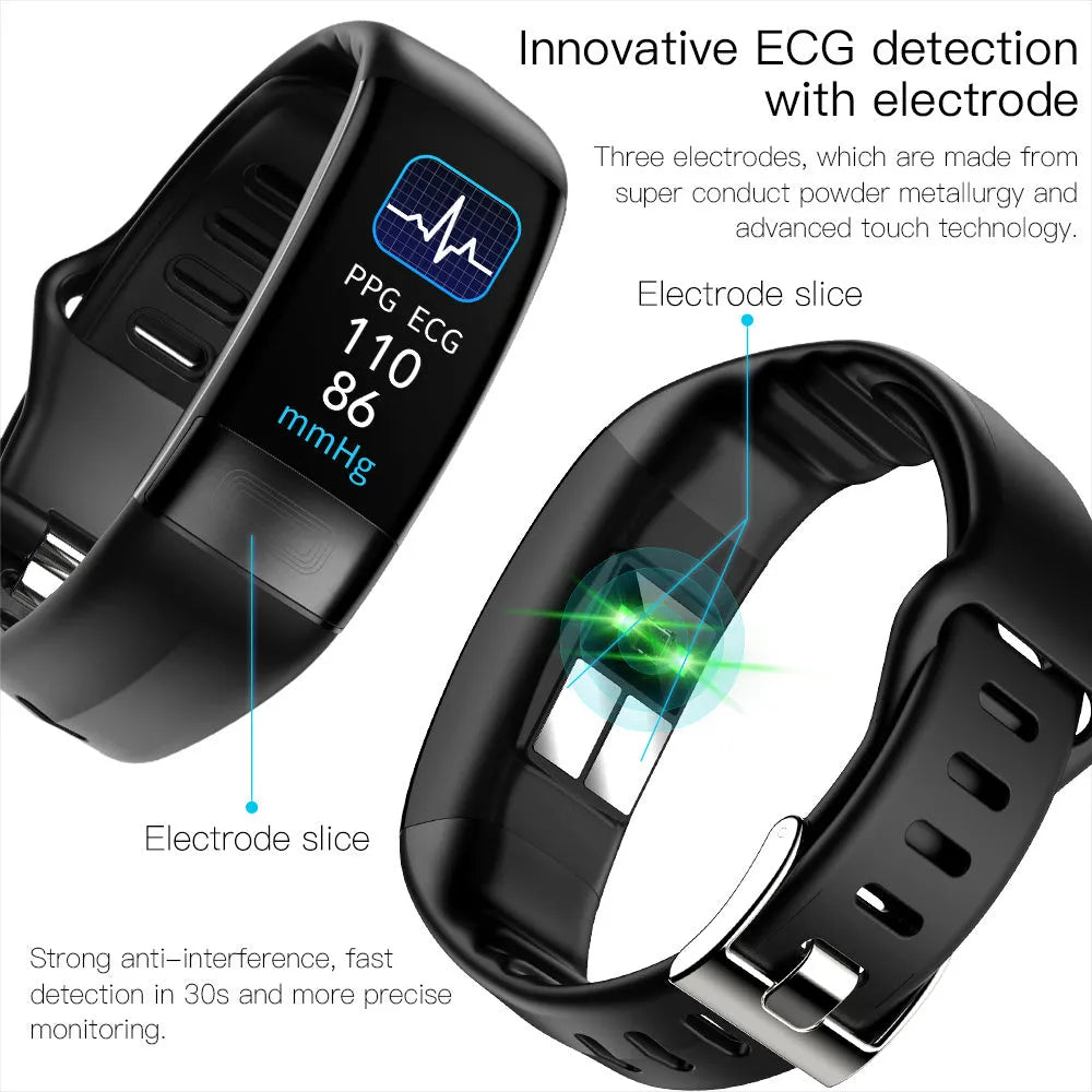 Smart health monitoring bracelet with touch screen showing ECG and heart rate data