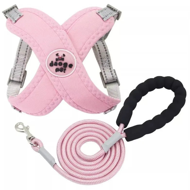 Polyester dog vest and rope leash set in blue, green, pink, or yellow colours