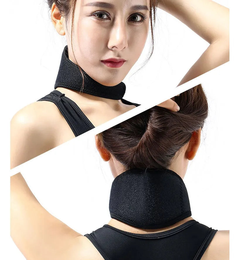 Black self-heating magnetic neck guard with adjustable straps, shown laid flat.