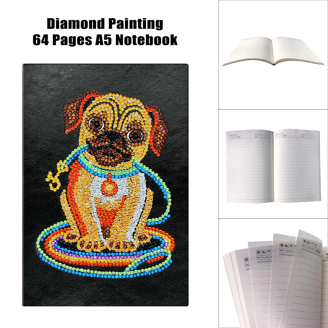 Black hardcover A5 diamond painting notebook with 50 cream pages open on craft table