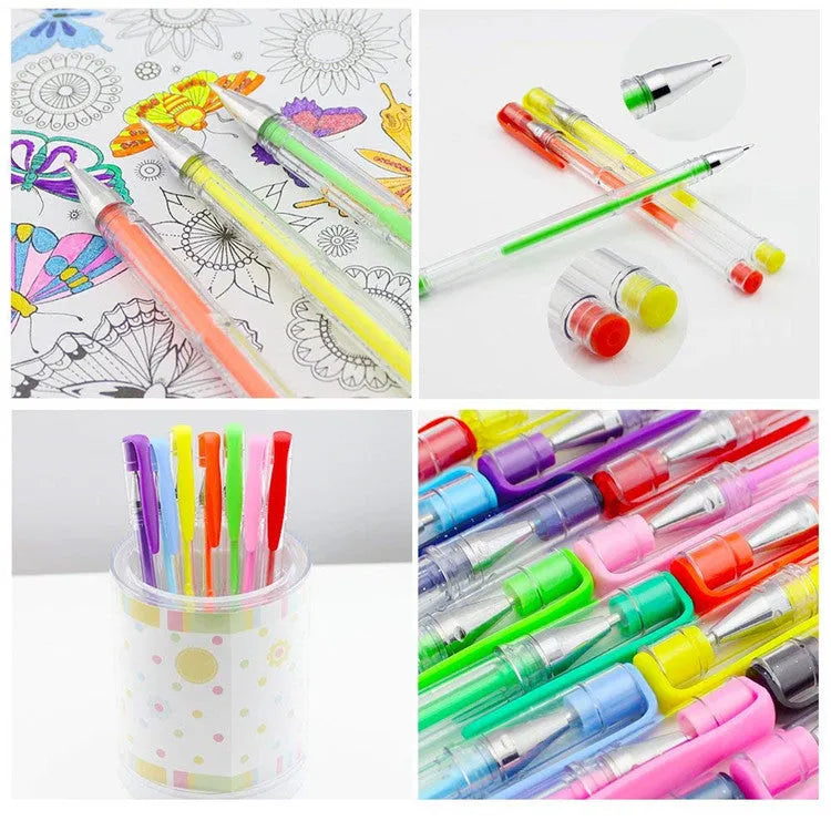 Set of 100 assorted colour gel pens with plastic barrels, showing fine and broad tips for drawing and highlighting.