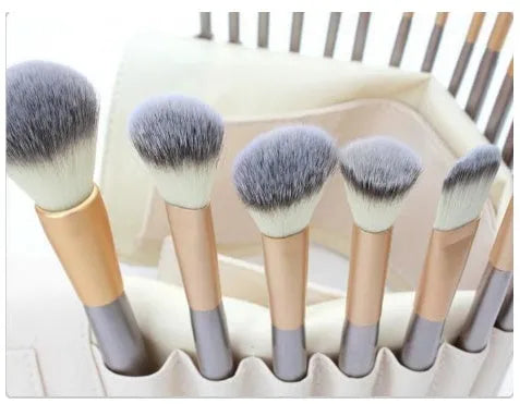 Persian makeup brush set with champagne handles and rice white bristles in 12, 18 or 24 piece options