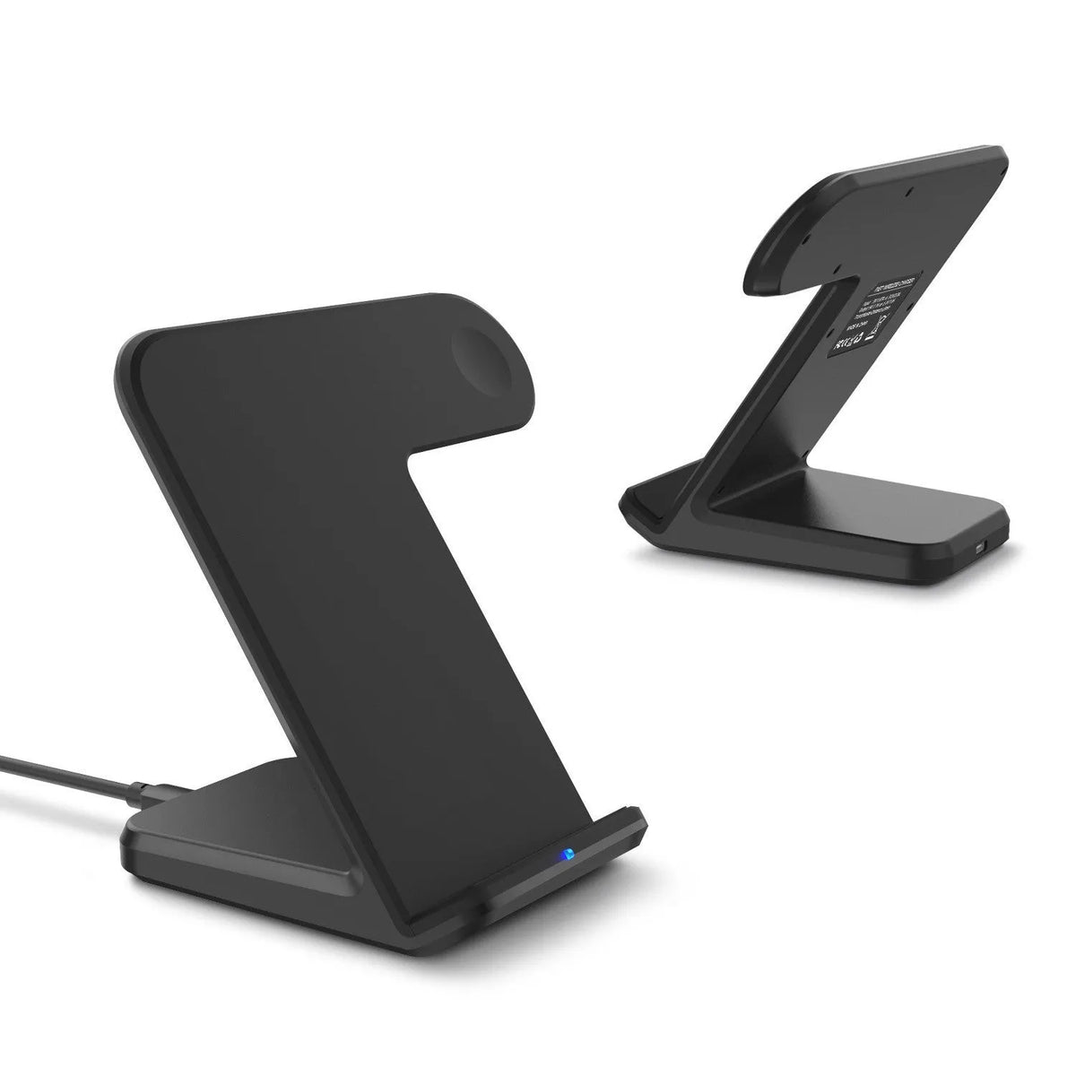 Black and white Qi wireless phone charger with Type-C cable on a desk
