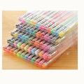Set of 100 assorted colour gel pens with plastic barrels, showing fine and broad tips for drawing and highlighting.