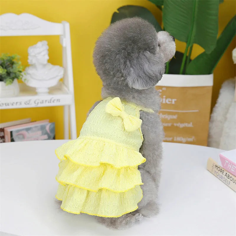 Small dog wearing polyester princess dress with layered candy skirt in rose red colour