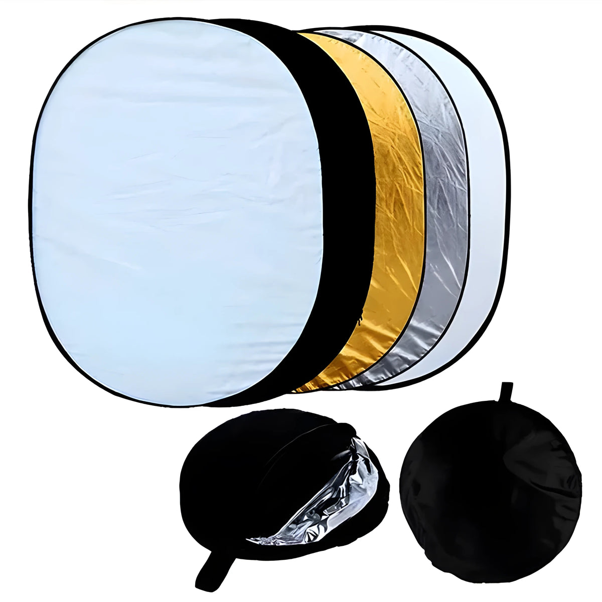 Collapsible 5-in-1 photography reflector with gold, silver, white, black, and translucent surfaces folded with carrying bag