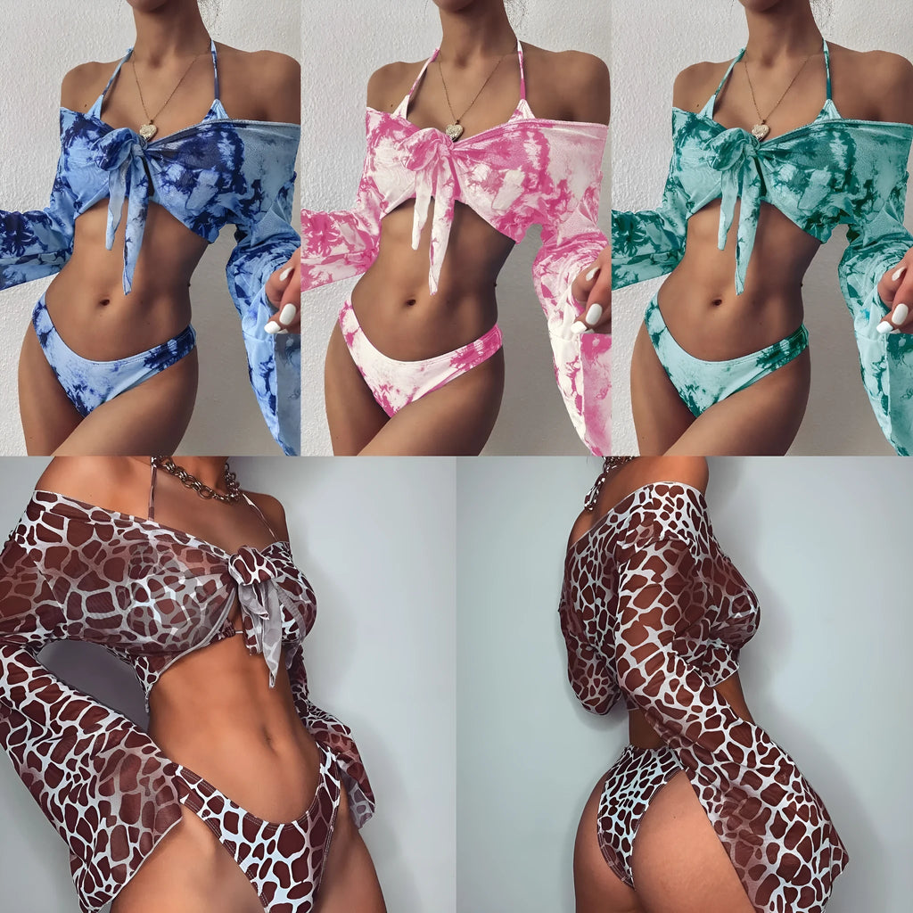 Leopard print long sleeve swimsuit with gradient pattern, breast pad and no steel bracket, in blue, brown, green or pink