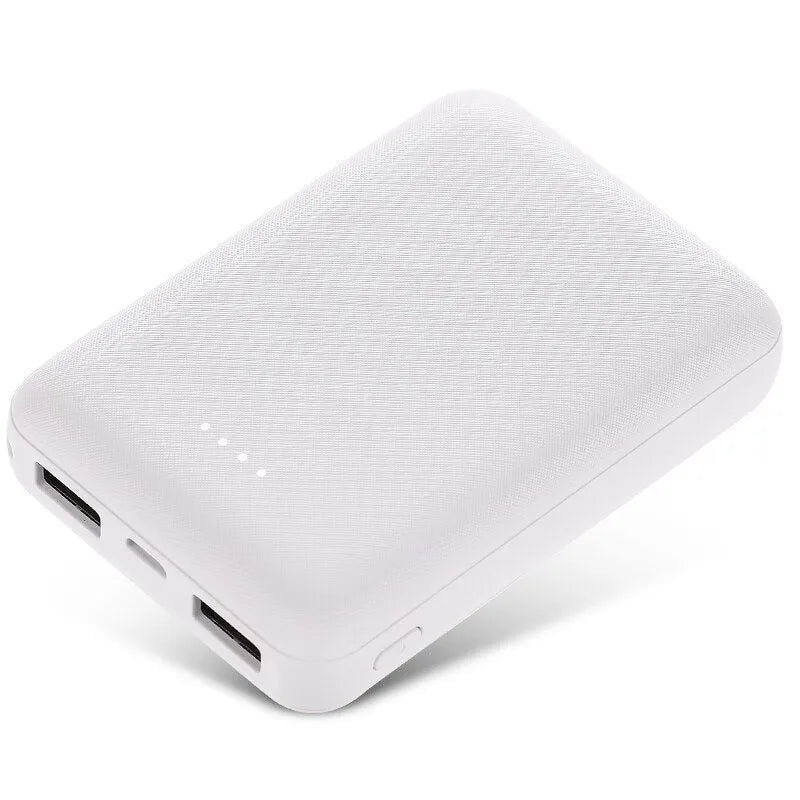Black and white ultra-thin 10000mAh power bank showing multiple USB ports