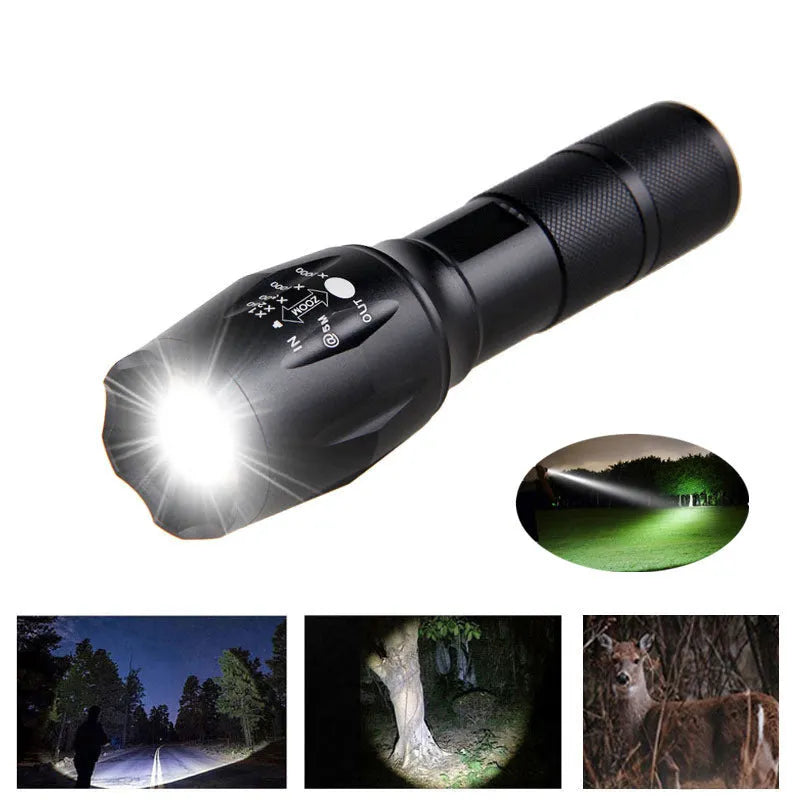Black aluminium alloy LED zoom flashlight with adjustable focus ring and antiskid texture.