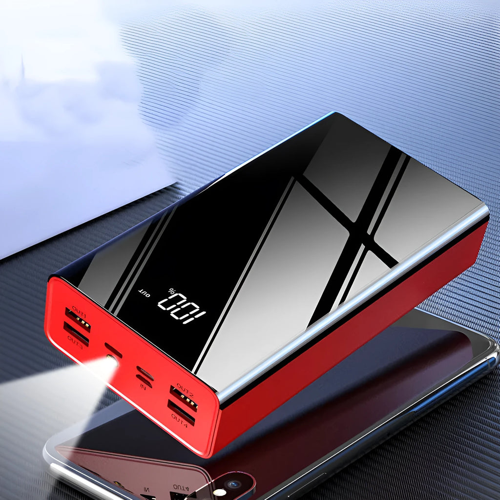 Black and red 40000 mAh power bank with LCD display showing battery percentage
