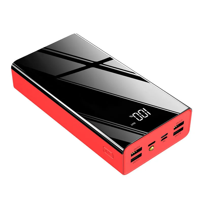 Black and red 40000 mAh power bank with LCD display showing battery percentage