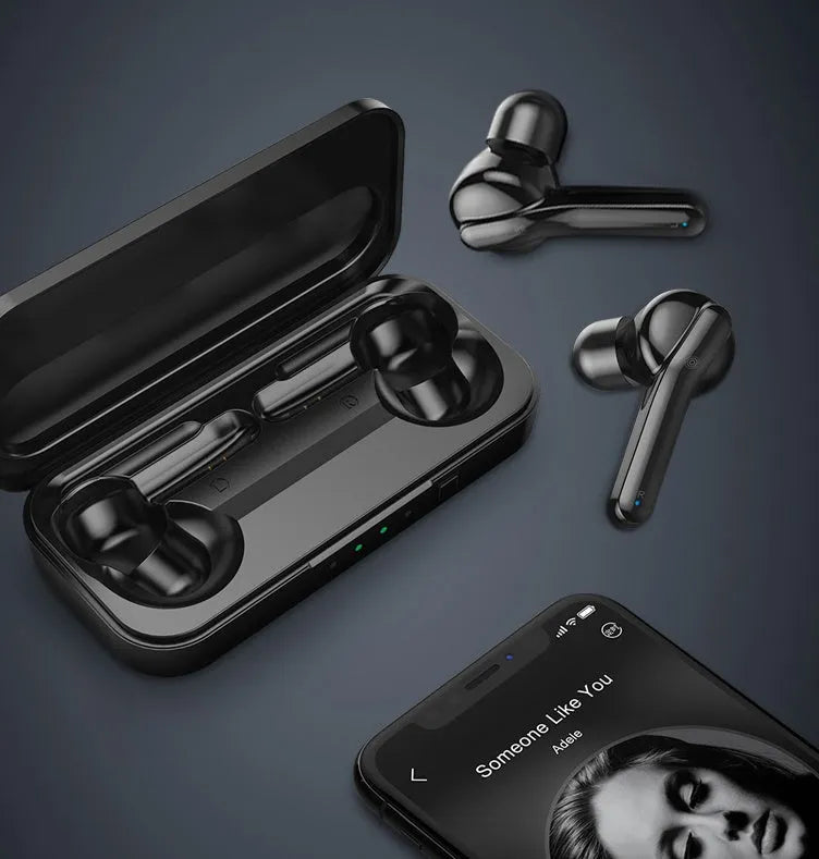 Black and white true wireless stereo earbuds with Bluetooth 5.0 and IPX5 waterproof rating