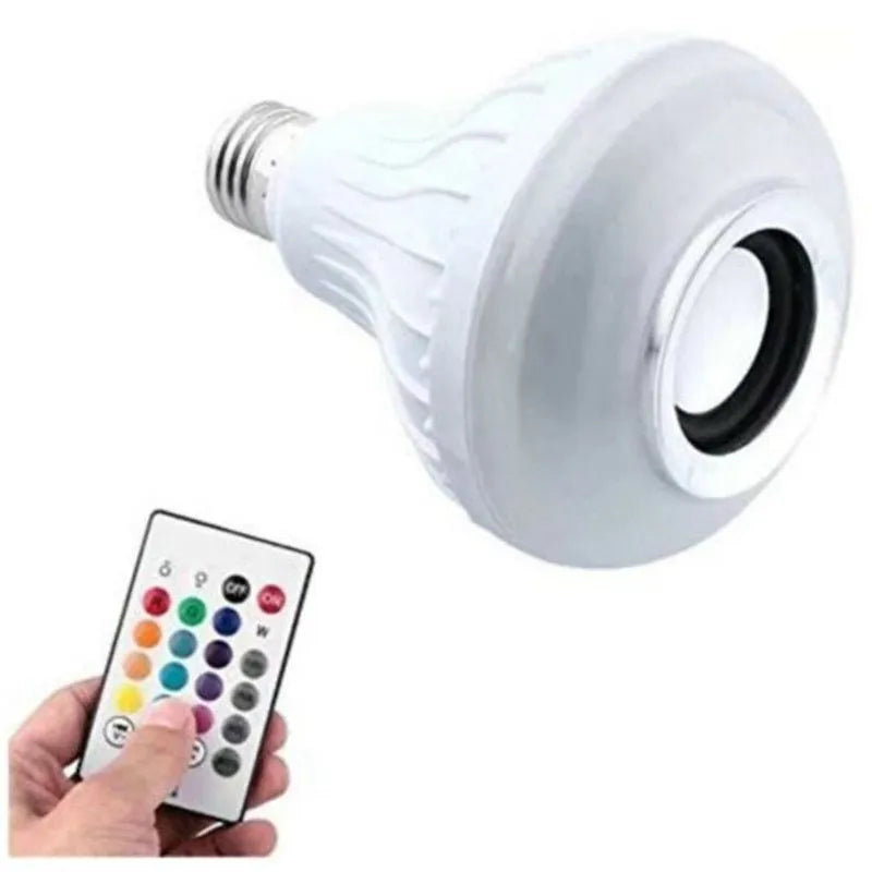 White Bluetooth smart light bulb with E27 base and remote control for 16 colour options and audio.