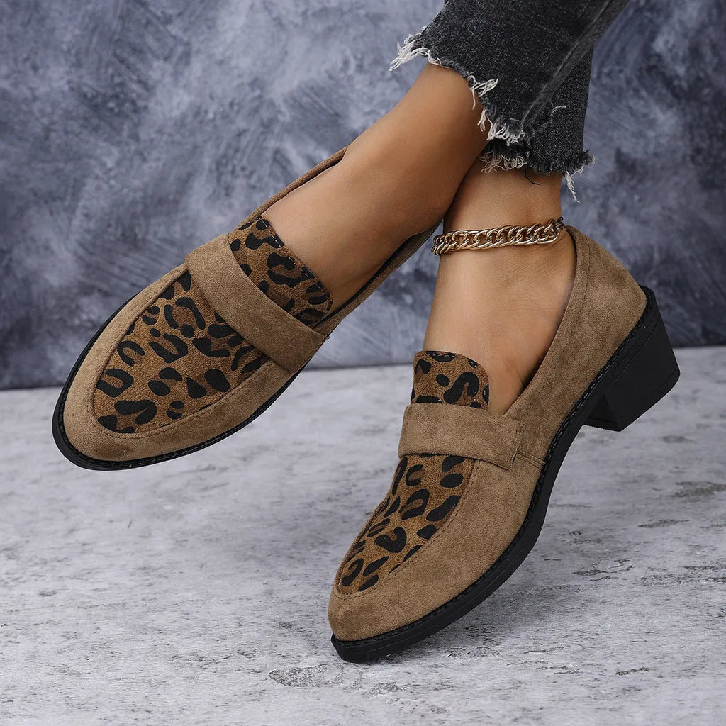 Leopard print slip-on suede pumps with chunky heels and pointed toes in brown, khaki and pink colours