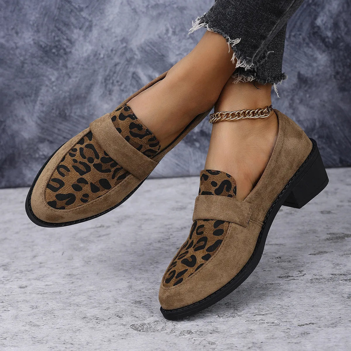 Leopard print slip-on suede pumps with chunky heels and pointed toes in brown, khaki and pink colours
