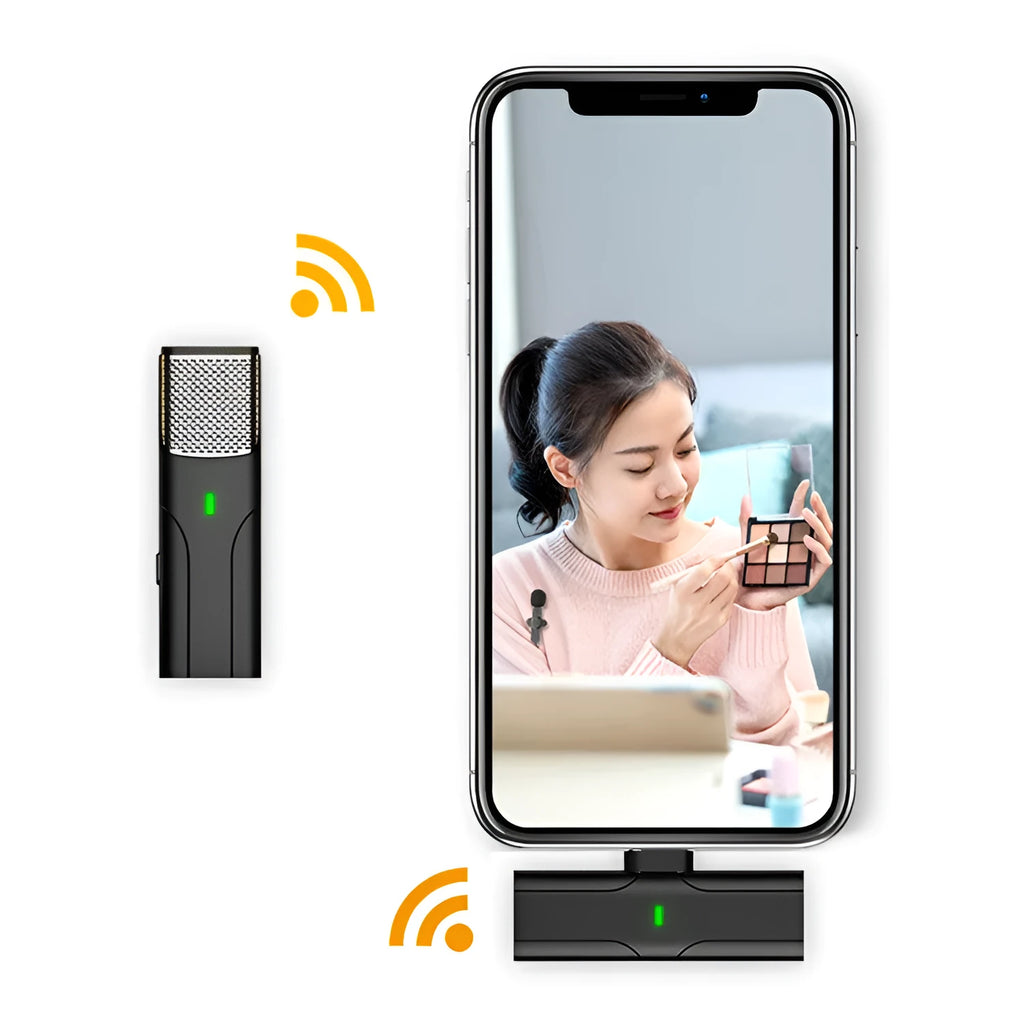 Black wireless lavalier microphone and receiver for mobile phones and cameras with Type-C cable.