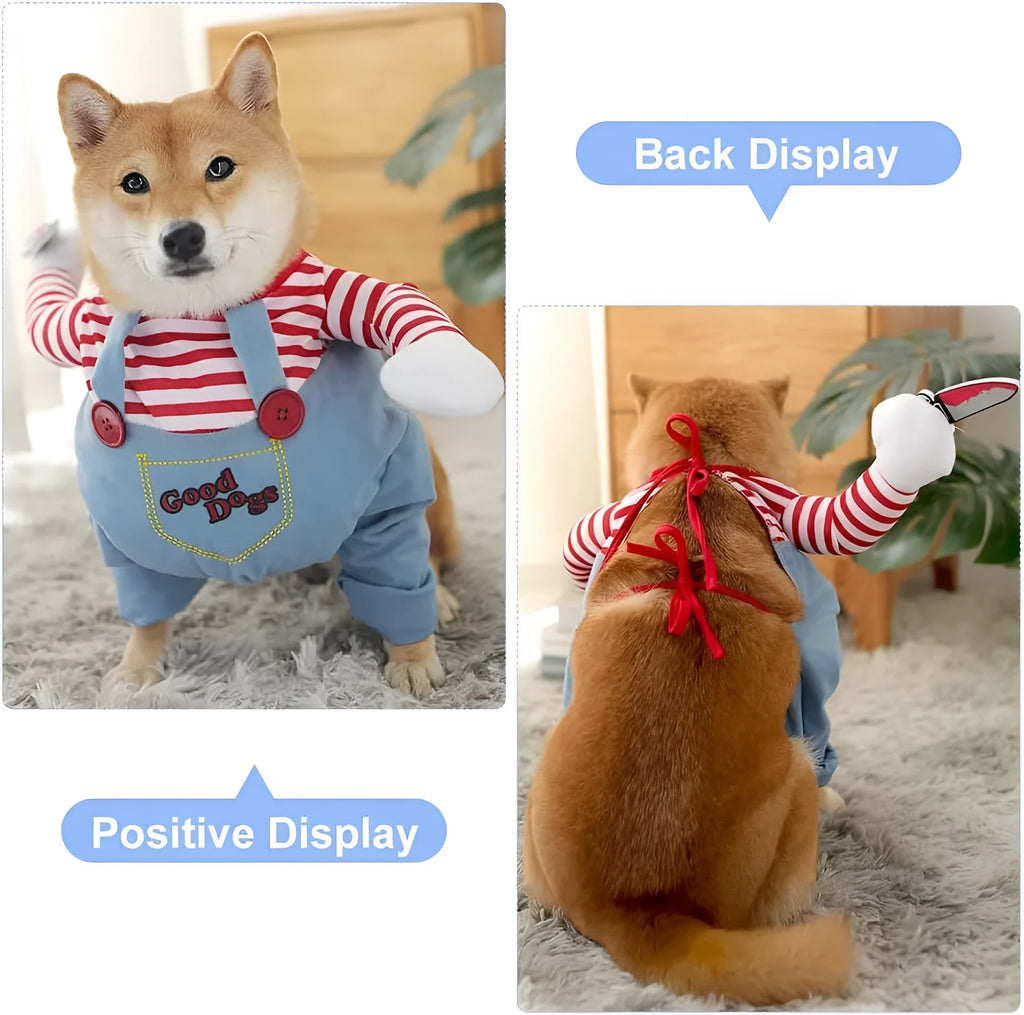 Striped harness pants Halloween costume for pets with knife accessory, 3-piece set in sizes S to XL